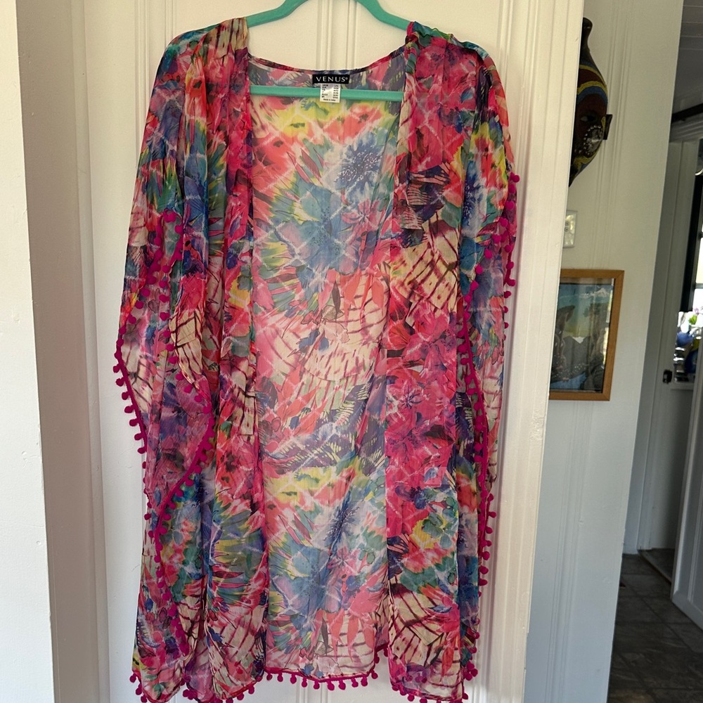 VENUS Multicolor Tropical Floral Sheer Pom-Pom Kimono Cover-Up